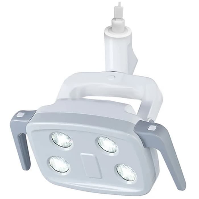 LED dental operating light with a four-lens reflectorless head and twin handles